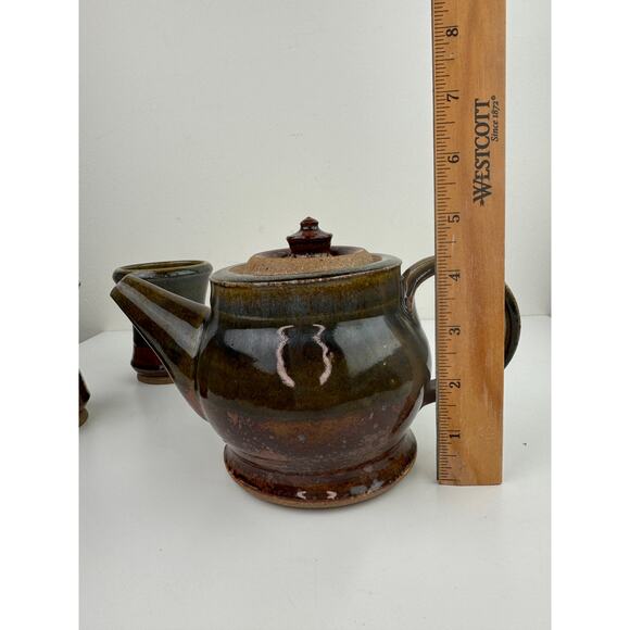 Brown Green Ceramic Hand Thrown Pottery Decorative Cup & Teapot Tea Set 3-Piece - Picture 8 of 12